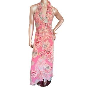 Kay Unger 100% Silk vintage midi maxi dress pink lined‎ halter ruffles XS S
